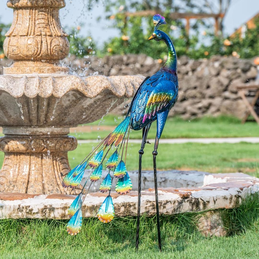 TERESA'S COLLECTIONS Outdoor Decor Peacock Yard Art Garden Sculptures & Statues for Porch Decor,35'' Blue Large Metal Bird Garden Decor for Outside, Yard Decorations Outdoor for Patio,Gifts for Mom