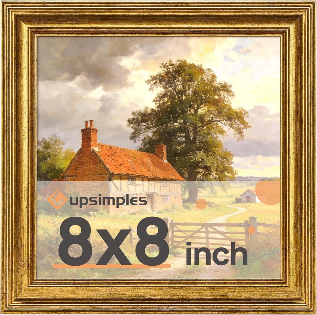 Upsimples Vintage 8x8 Picture Frames, Antique Gold Frames Display 4x4 with Mat or 8 x 8 Without for Wall or Tabletop Decor, 1pack