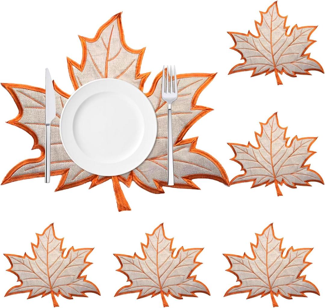 Orange Leaf Placemats Set of 6,Thanksgiving Fall Leaves Placemats Havest Tablemats Home Decoration for Halloween Chrismas Party Maple Leaves Embroidered Placemats
