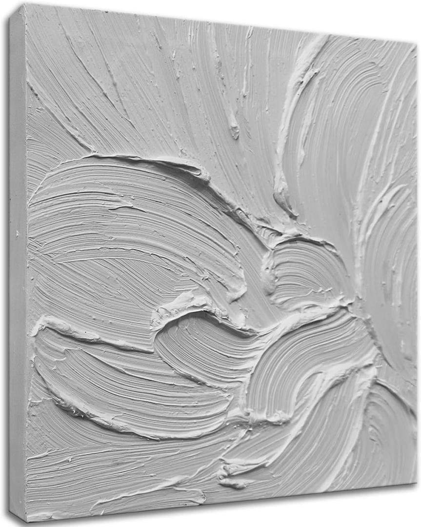 zoinart Hand Painted White Canvas Wall Art, 20x20 Inches Abstract Thick Textured Painting, Plaster Wall Art (BL-060)