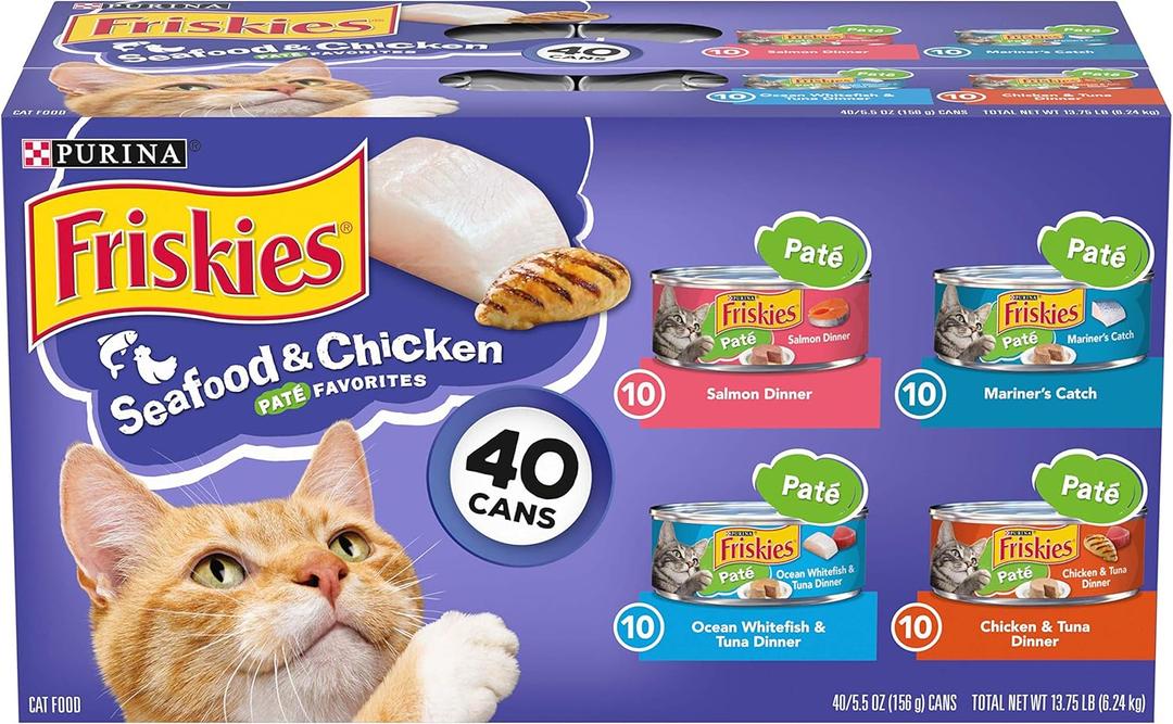 Purina Friskies Pate Wet Cat Food Variety Pack Seafood and Chicken Pate Favorites 40ct VP - (Pack of 40) 5.5 oz. Cans, Best Before FEB 2027 