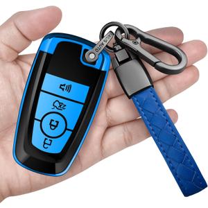 Sindeda for Ford Key Fob Cover with Keychain Soft Full Protection Key Shell Key Case Compatible with Mustang Fusion Raptor F150 Explorer Expedition Lincoln Aviator Corsair (Blue, 4 Buttons)