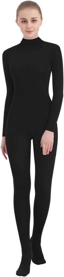 SUPRNOWA Full Body Unitard Turtleneck Spandex Footed/Footless Long Sleeve Unisex (Small, Black (Footed))