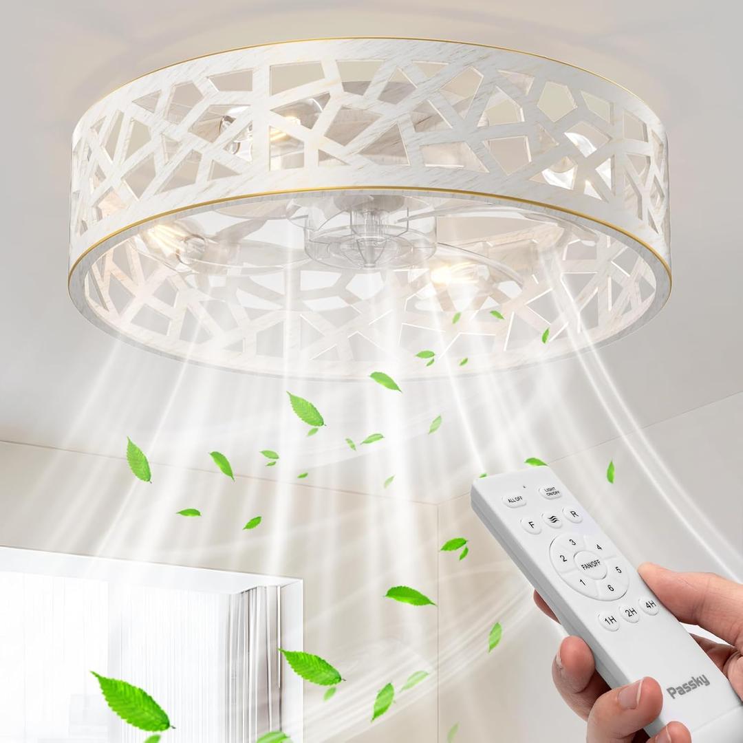 20" Fandelier Ceiling Fan with Light, Caged Bladeless Ceiling Fans with Remote, Farmhouse Flush Mount Fan for Bedroom, Kitchen, Living Room, White