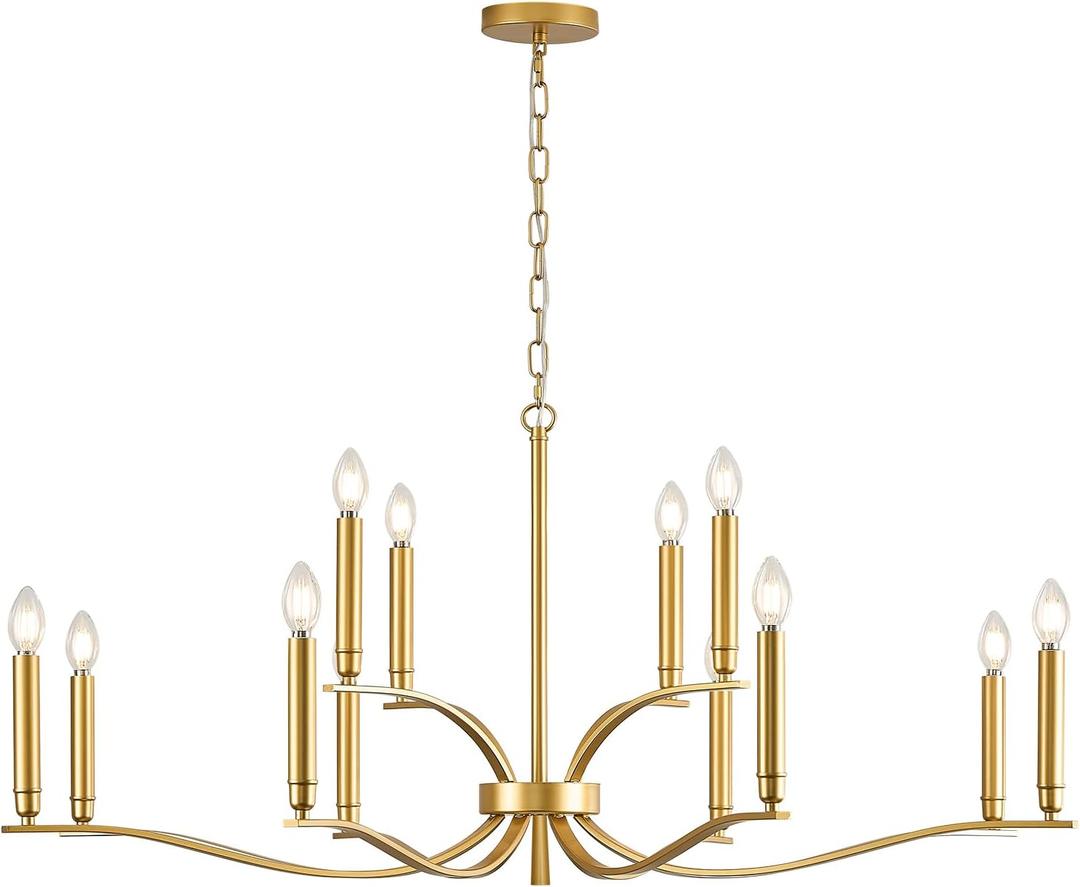 12 Light Gold Living Room Chandelier High Ceiling Foyer Candle Chandelier Large Modern Brass 44in Metal Chandeliers Hanging Light for Master Bedroom Dining Room Light Fixture Over Table