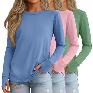 3 Pack Girls' Long Sleeve Shirts with Thumb Holes Cotton Crew Neck Layering Tees Casual Basic Soft Tops (5-6 Years, Green, Pink, Sky Blue)
