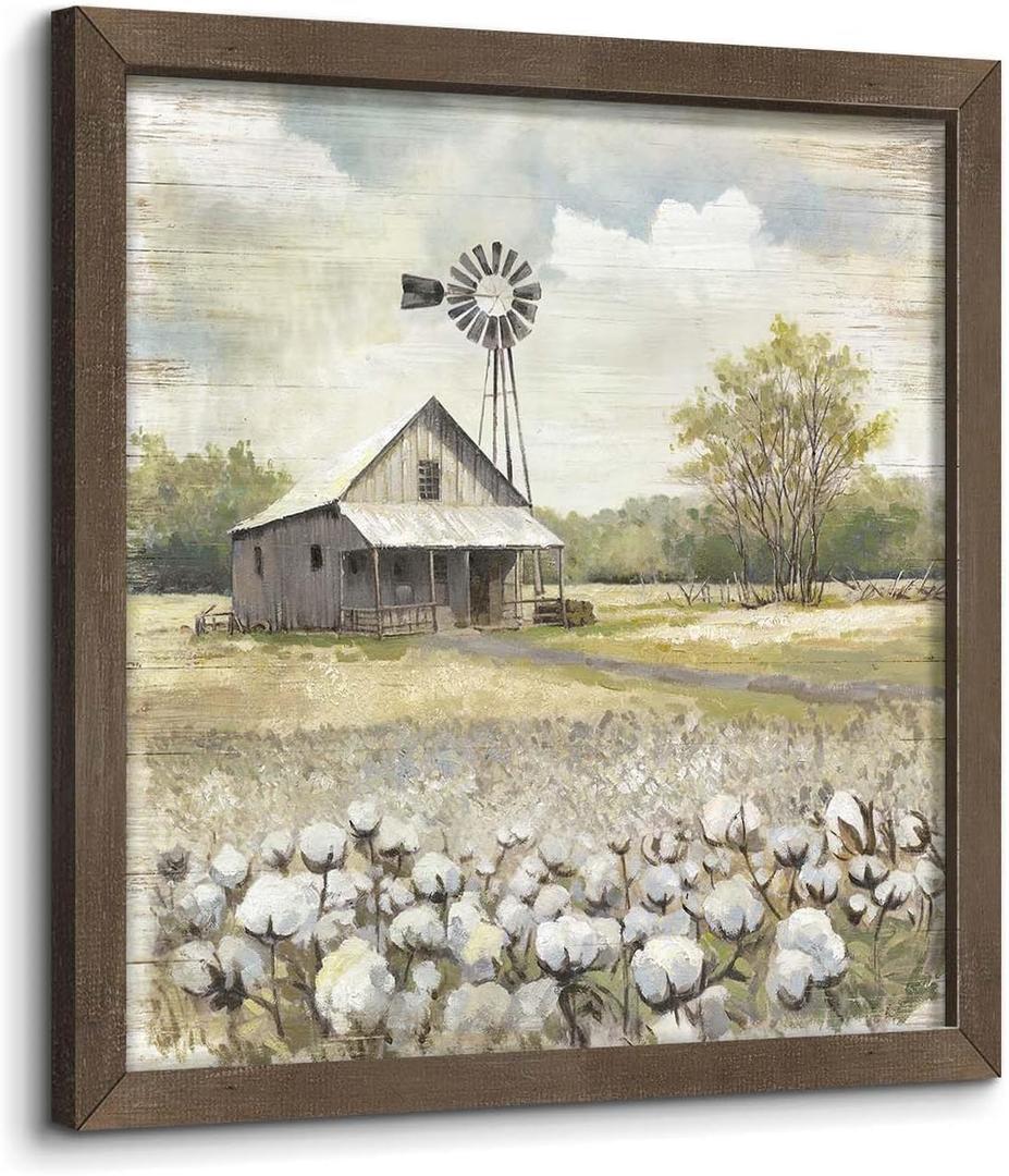 old barn Farmhouse Wooden Framed Wall Art: Rustic Picture Farm Windmill Painting Country Flower Field Meadow Prints Rural Scene Artwork for Bedroom Bathroom Living Room
