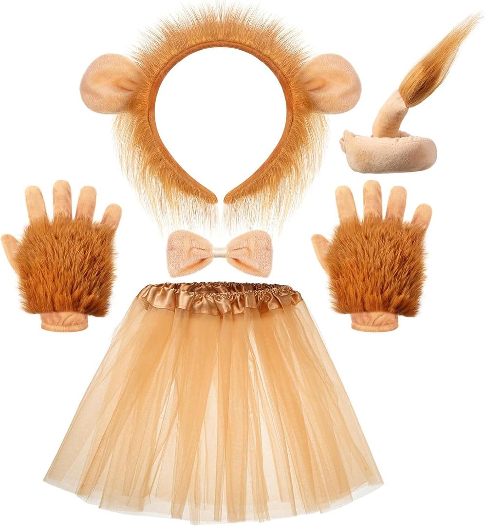 Geyoga Halloween Lion Costume Set Lion Animal Ears Headband Gloves Tail Bow Tie Gold Tutu Skirt Animal Fancy Costume Kit Accessories for Girls