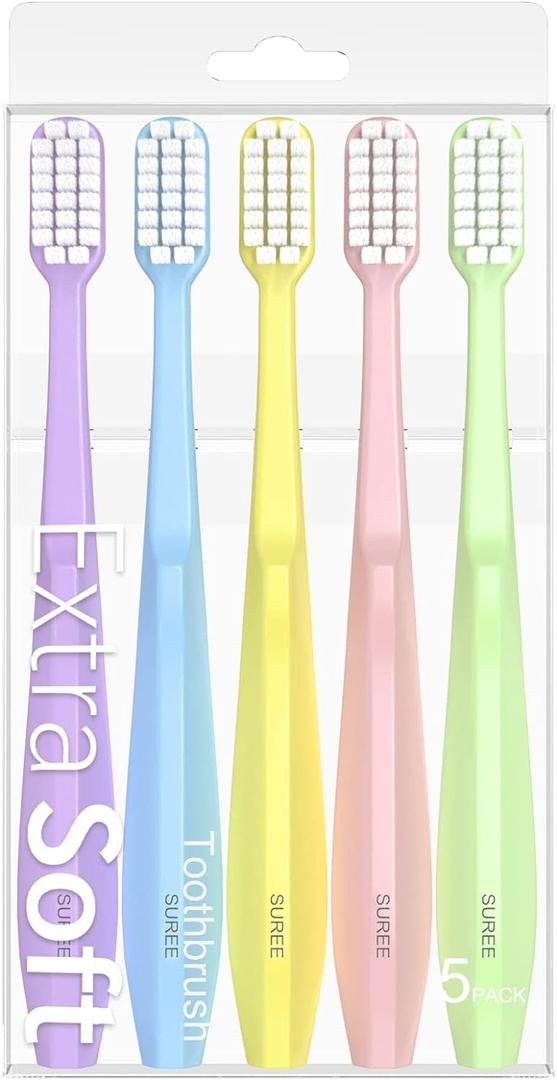 SUREE Extra Soft Toothbrush for Sensitive Teeth and Gums (5 Pack), Ultra Soft Toothbrush with 10000 Micro Nano Bristles for Adults and Elderly