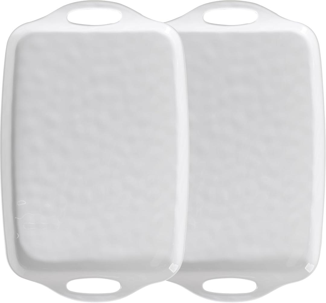 Large Serving Tray with Handle, 19x12 Rectangular Melamine Serving Platters, Set of 2, Kitchen Food and BBQ ServingTray, Breakfast Tray, Dishwasher Safe, Bright White