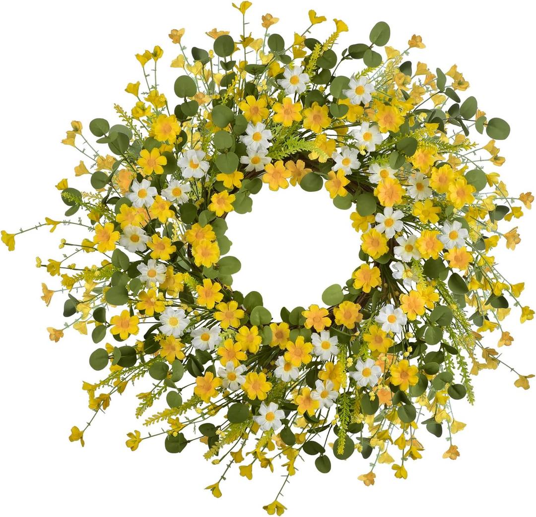 LSKYTOP 24Inches Artificial Yellow Daisy Wreath with Green Eucalyptus Leaves and Lavender Spring Summer Wreath for Front Door Wall Decor
