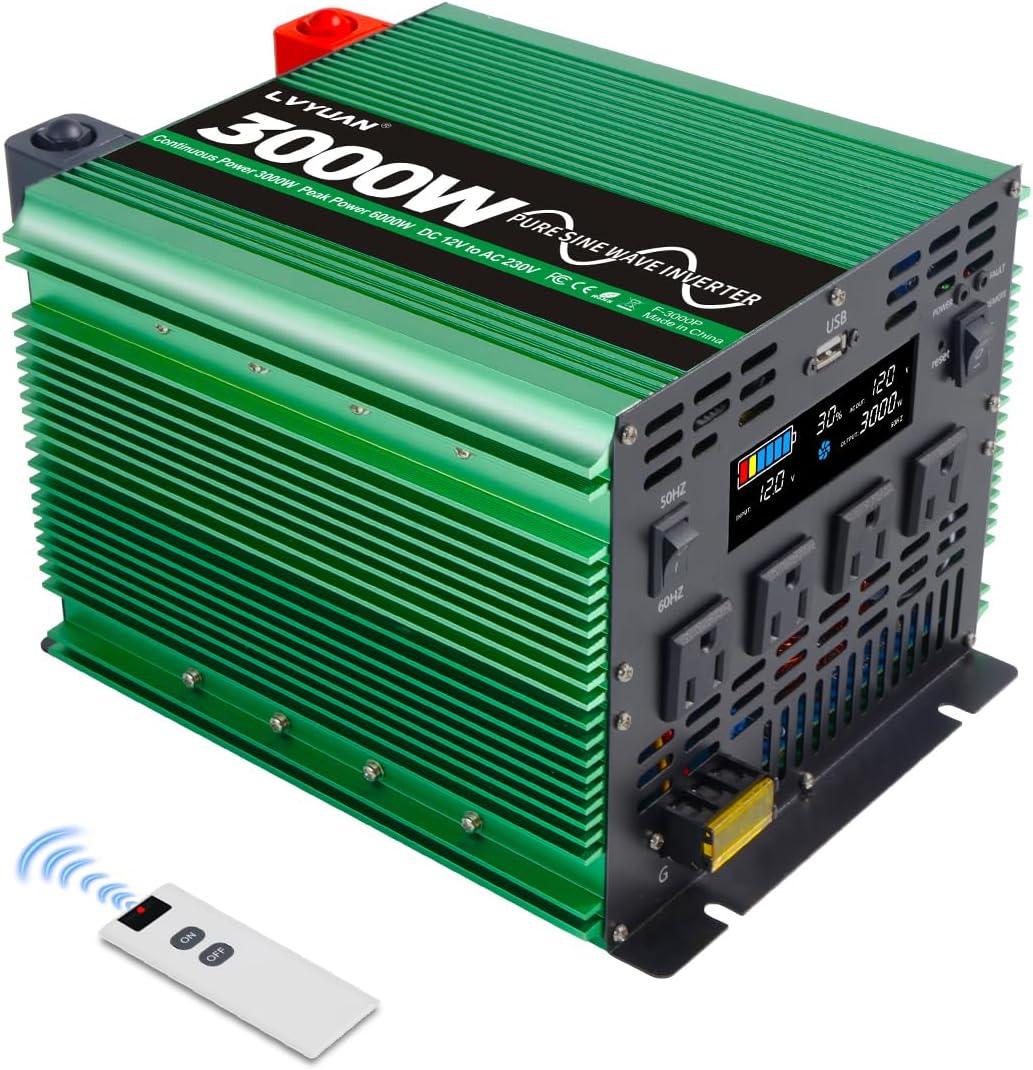 LVYUAN 3000 Watt Pure Sine Power Inverter 12V to 110V 120V DC to AC Converter with 4 AC Outlets, LCD Display, USB Charge Port, Remote Control for Home RV Vehicle Outdoor Camping Car Power Inverter