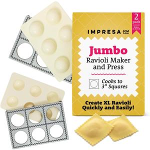 IMPRESA Jumbo Ravioli Maker & Press - Pack of 2, White 2.5-Inch - 12 XL Pasta Squares & Pasta Making Kit - Dishwasher-Safe Plastic & Manual Dough Maker