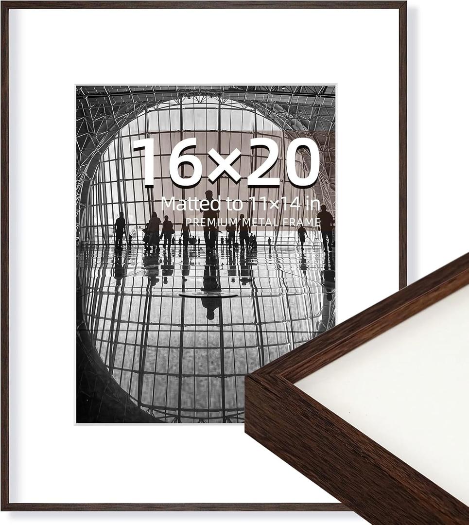 OUZUGIE 16X20 Picture Frame,Display Poster 11X14 With Mat or 16X20 Without Mat,Walnut Aluminum Poster Frames with Premium Acrylic,Photo Frames with Strong Corner for Gallery Wall and Tabletop (16X20, Walnut)