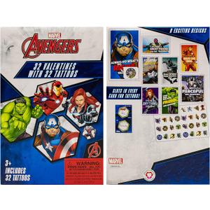 International Greetings 32 Count School Valentines Day Illustrated Cards with Matching Stickers or Tattoos (Avengers)