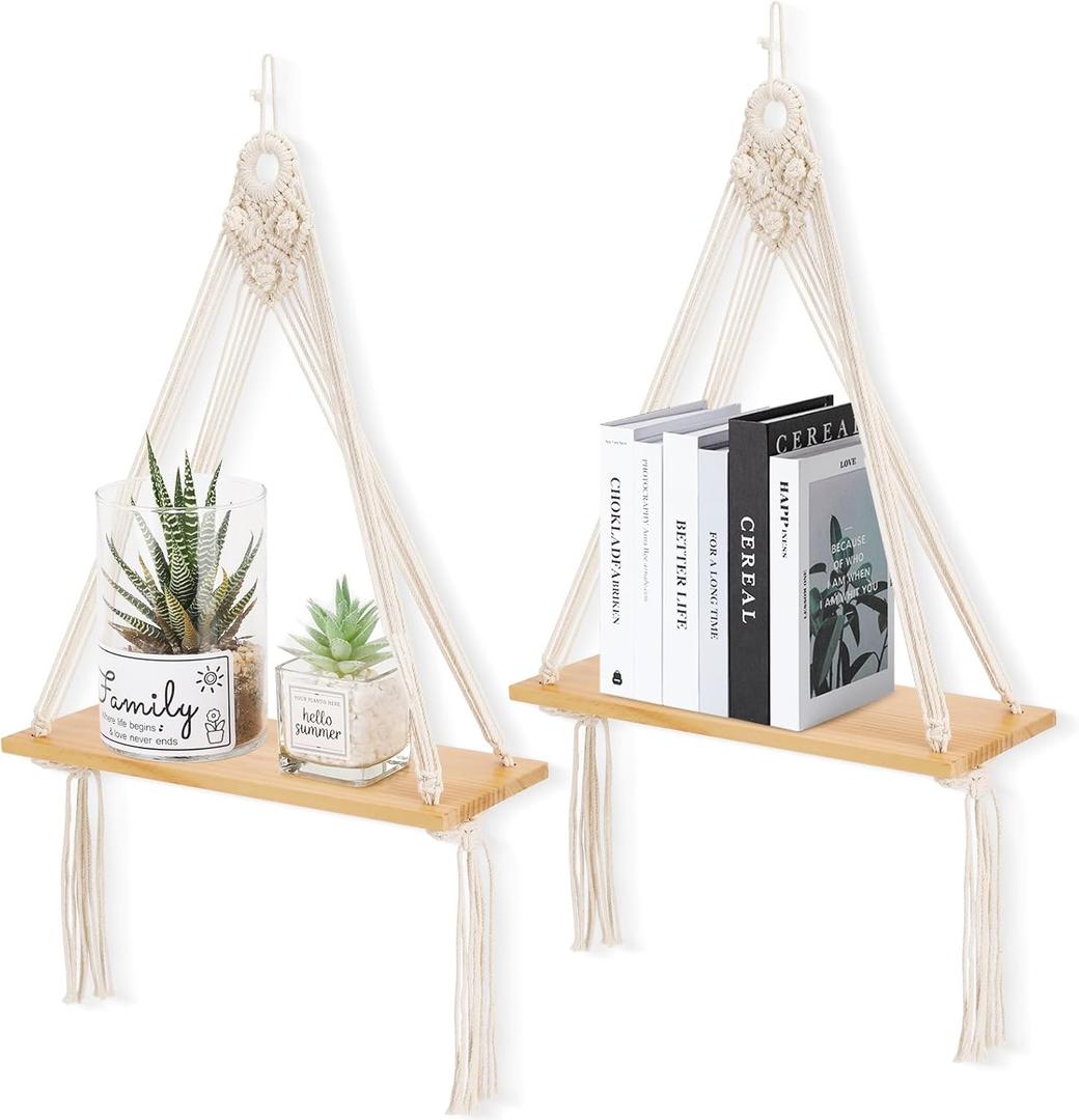 Macrame Wall Hanging Shelf Set of 2,Boho Wooden Display Floating Shelves for Wall Decor with Handmade Woven Rope,Farmhouse Rustic Plant Shelf for Bedroom Dorm Nursery Living Room Bathroom (Nature)