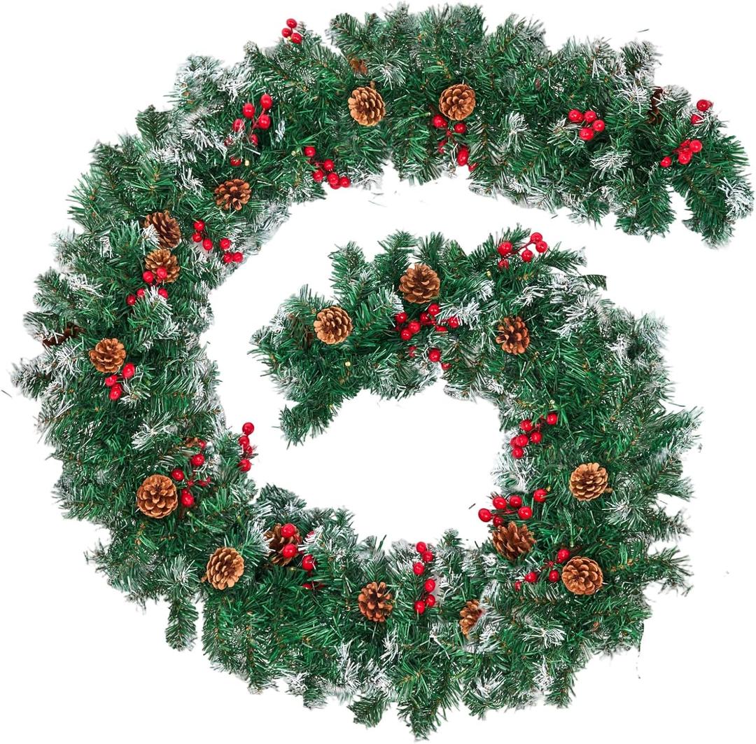 Christmas Garland with Lights, 9FT Snow Flocked Christmas Garland for Mantle, Prelit Outdoor Garlands with Red Berries and Pine Cores for Outdoor Indoor Mantle Table Stairs Fireplace Home Decor