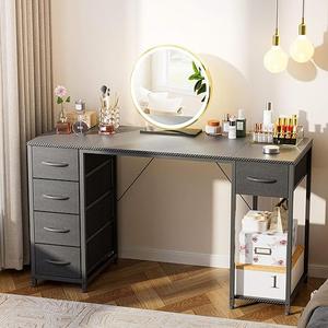 LUCKRACER Vanity Desk with 5 Fabric Drawers & Storage Shelves, Makeup Dressing Table, Computer Desks for Home Office Bedroom, Black, No Mirror