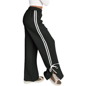 Fisoew Womens Wide Leg Sweatpants Casual High Waisted Color Block Side Slit Baggy Pants with Pockets (Black, M)