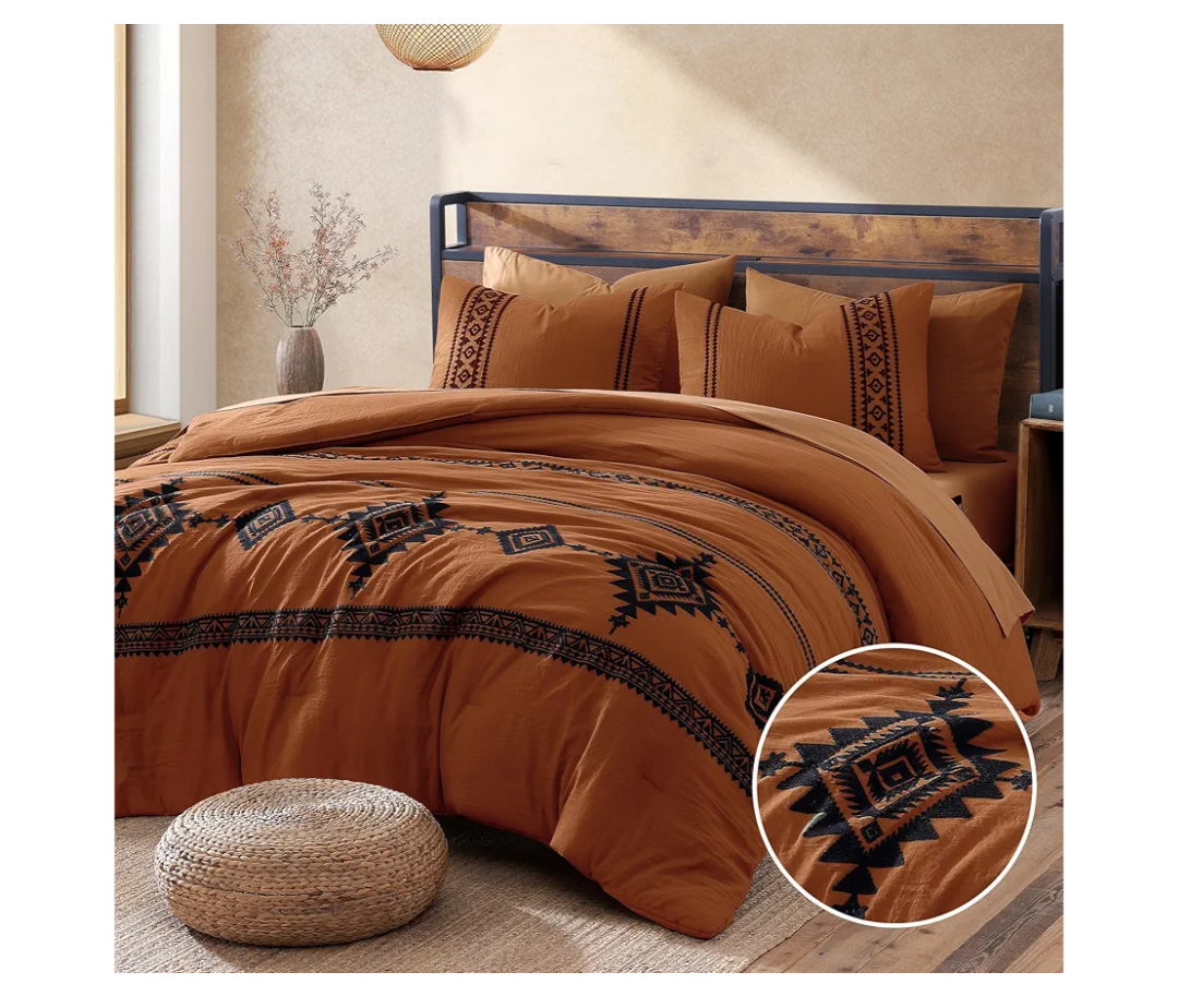 MaiRêve Burnt Orange Embroidery Comforter Sets Full Size - 7 Pieces, Farmhouse Western Boho Comforter Set, All Season Bed in A Bag Full Size with Sheets, Pillowcases & Shams