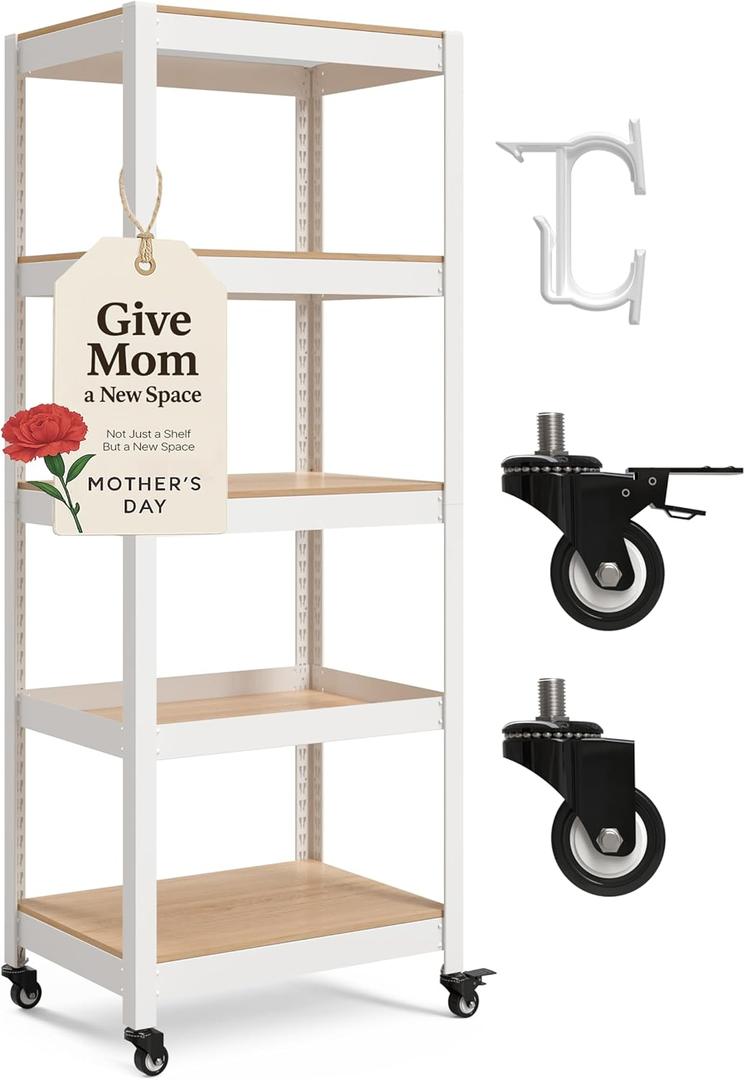 HOMEDANT House White 5-Tier Metal Boltless Rolling Cart Shelf Rack Casters Heavy Duty Wheel Shelving Unit Adjustable Storage Shelves Organizer Shelf Kitchen Garage 24.4" W x 16.5" D x 62.2" H 1Pack ((05) 24.4"W x 16.5"D x 62.2"H, Wheel-White)