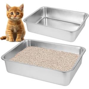 2 Pack Stainless Steel Cat Litter BoxSmall Stainless Steel,Large Metal Cat Litter Box-Easy to Clean.(17.5" L x 13.6" W x 4.1" H).