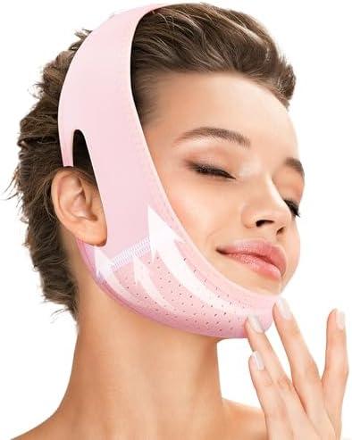 Juskaa Reusable V Line Lifting Mask with Chin Strap for Sleeping,Light Pink,M