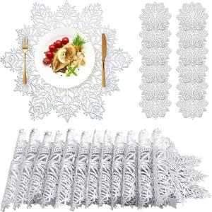 Sieral Snowflake Placemats and Coasters Set Pressed Vinyl 15 Inch Placemats and 4 Inch Coasters for Christmas Winter Wedding Party Dinner Table Decoration(Silver,12 Sets)