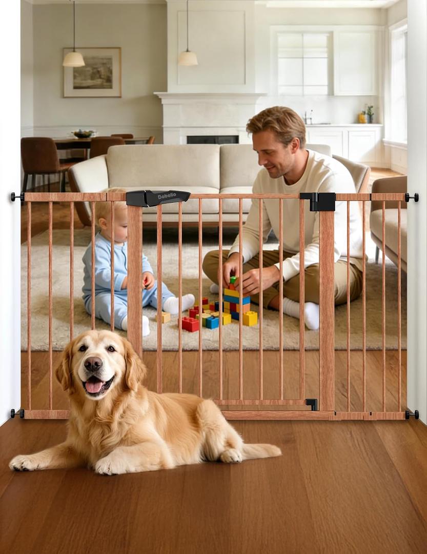 Babelio Metal Auto Close Baby Gate PressGuard P7, 29"-55" Wide Extra Wide Pet Gate for The House and Doorways, Pressure Mounted Walk Thru Child Gate with Door, Brown Wood Pattern