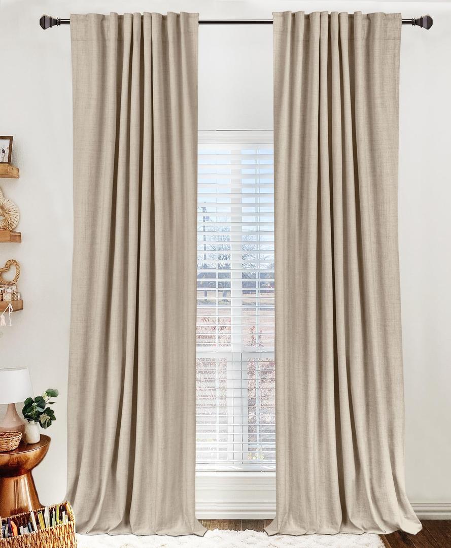 100% Blackout Shield Linen Blackout Curtains for Bedroom 102 Inches Long, Back Tab/Rod Pocket Living Room Drapes, Thermal Insulated Blackout Curtains 2 Panels Set, 50" W x 102" L, Oatmeal