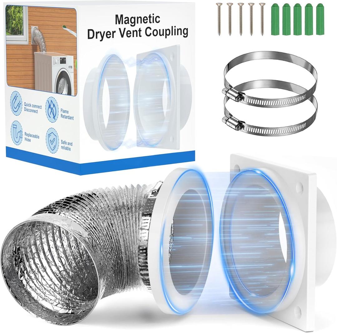 Magnetic Dryer Vent Coupling, Airtight Seal Strong Magnet Dryer Vent Connector Kit Quick Connect Disconnect Easy to Clean Flexible Hose Exhaust Duct Adapter Attachment with Clamps Screws