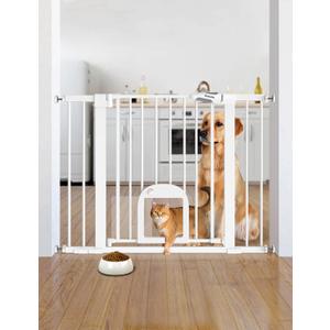 Babelio Baby Gate with Adjustable Cat Door,29-43" Auto Close Durable Pet door for Stairs,Doorways and House,Pressure Mounted,Easy Install,Effortless Walk Thru, White