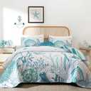 Djoymock Coastal Quilts Bedding Set Queen Size, Summer Green Fish Coral Nautical Bedding Quilt Set with Pillow Cases, Ocean Beach Reversible Bedspreads Coverlet Soft Microfiber Lightweight Comforter