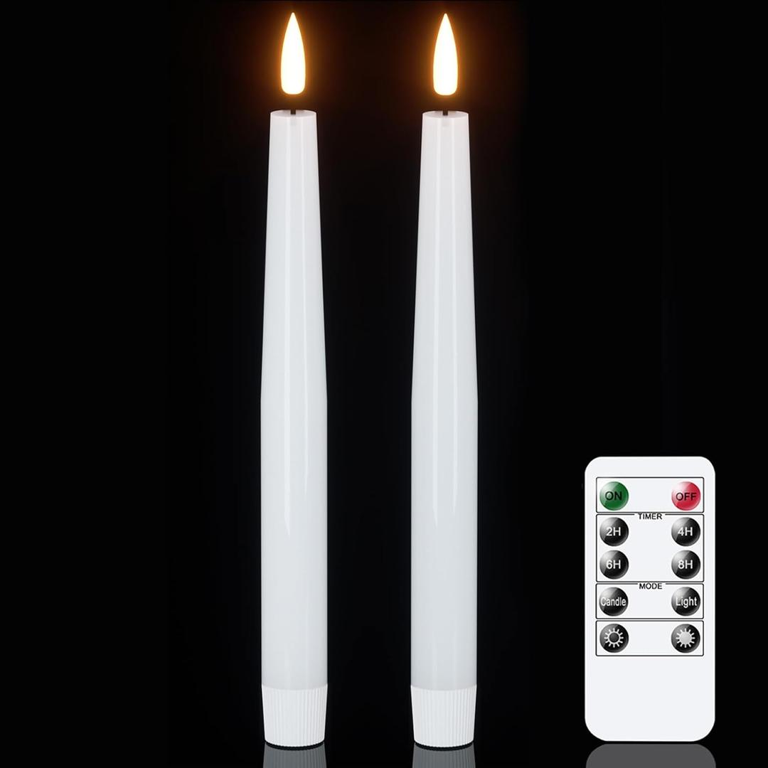 GenSwin Flameless Taper Candles, LED Taper Candles Battery Operated with Remote Timer, Set of 2 Real Wax White Flameless Candlesticks with 3D Flame for Home Weddin Party Holiday Decor (0.78 x 9.84)