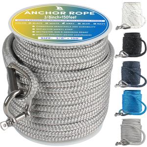 Boat Anchor Rope 150 ft x 3/8 inch Grey, Double Braided Anchor Line with Stainless Steel Thimble & Shackle, Marine Rope Ideal for Towing, Mooring, Decks, Anchoring, for Boats Up to 27'