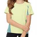 ZDC Kids Girls Athletic T Shirts Color Block Crewneck Gym Yoga Tees Casual Cute Basic Tees, Beige Cream, Size 130