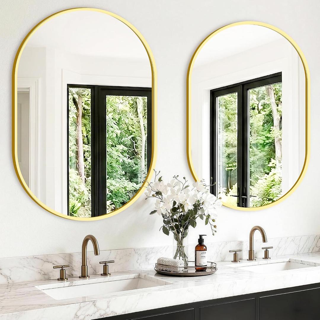 Oval Bathroom Mirror, 2 Pack 24"x36" Gold Vanity Mirror for Over Sink | Bedroom, Living Room, Entryway, Modern Mounted Metal Frame Wall Mirror, Hangs Horizontally or Vertically