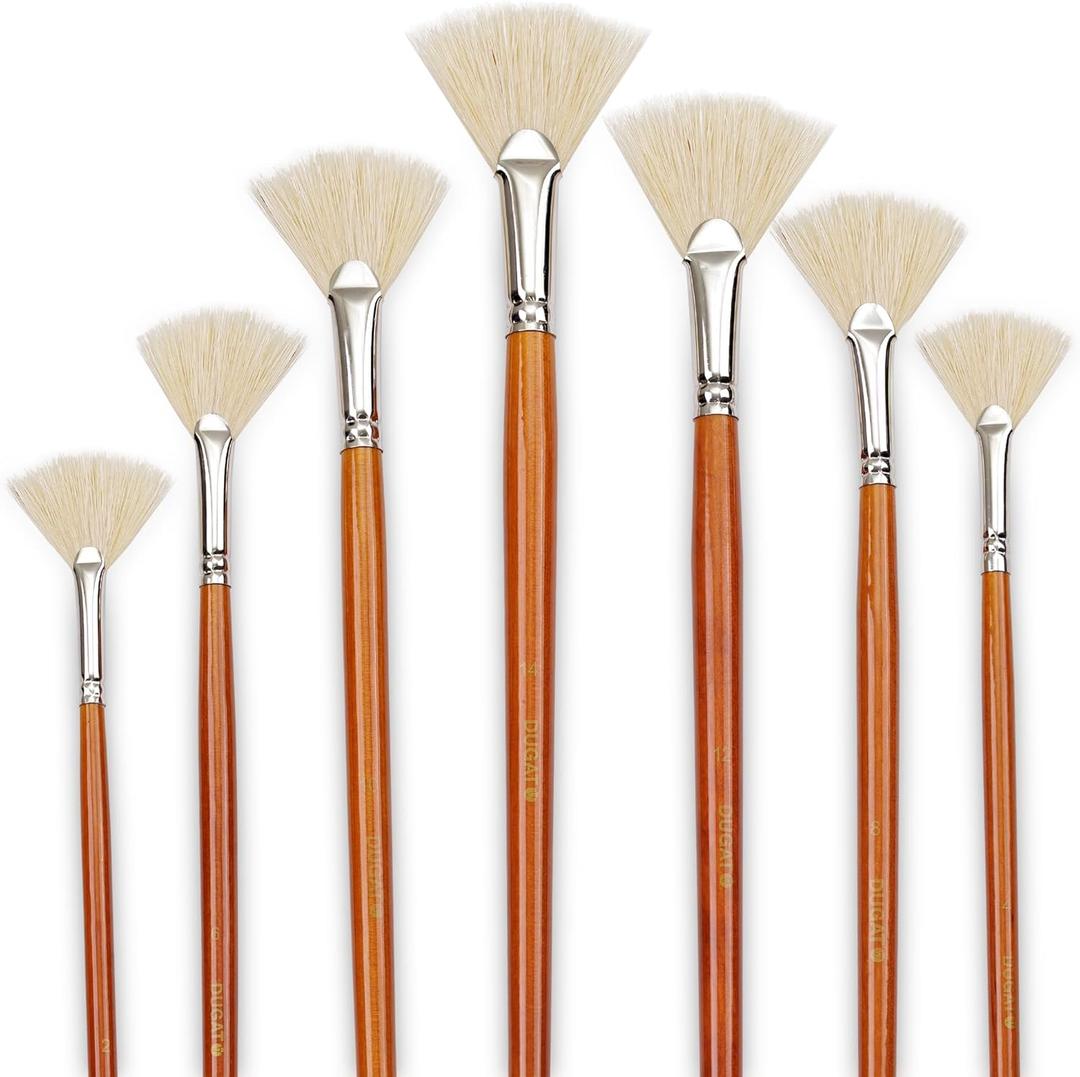 DUGATO Artist Fan Paint Brush Set of 7, White Hog Bristle Natural Hair Anti-Shedding Brush Tips, Long Wooden Handle for Comfortable Holding, Great for Acrylic Oil Painting