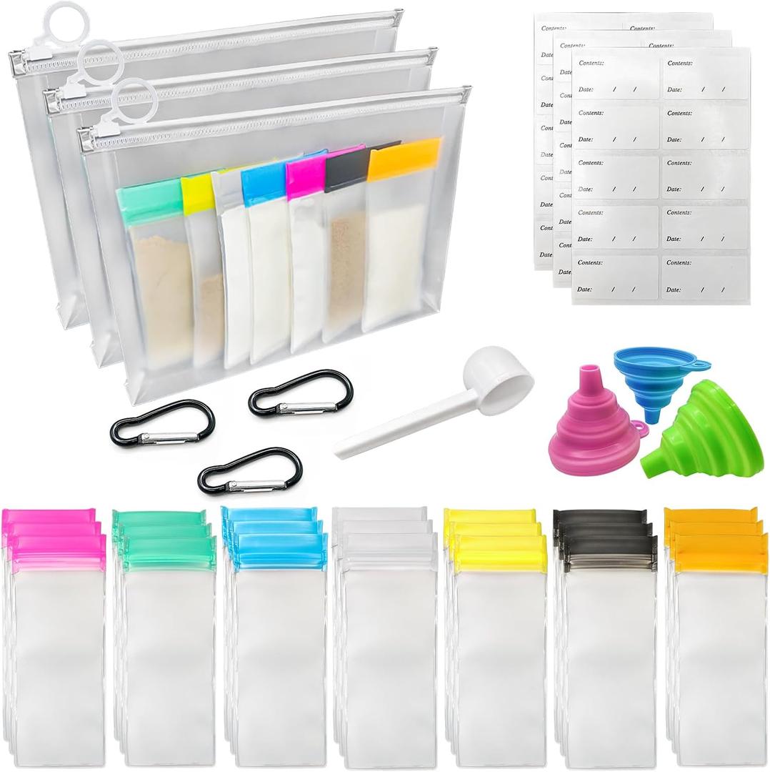 TINSKY Protein Powder Travel Container Set, Reusable Powder Supplement Container To Go 21Pcs Reusable Protein Powder Bags and 3pc Large Standable Zip Bags for Workout, Fitness, Travel