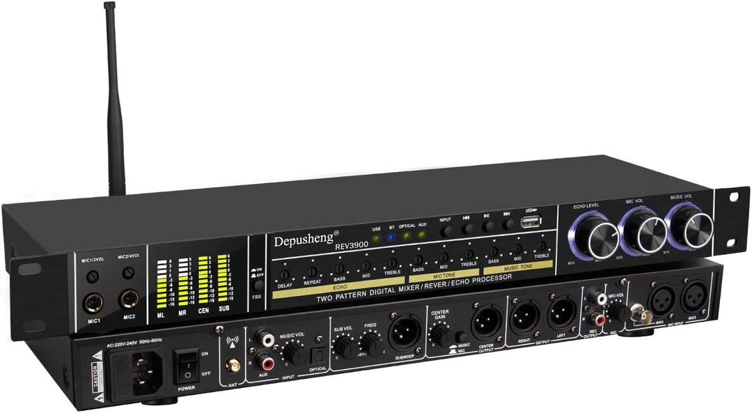 Depusheng REV3900 Pre Effector Professional KTV Household Karaoke Multieffects Processors Anti Howling Audio Processor USB Bluetooth Device (Dual Microphone)