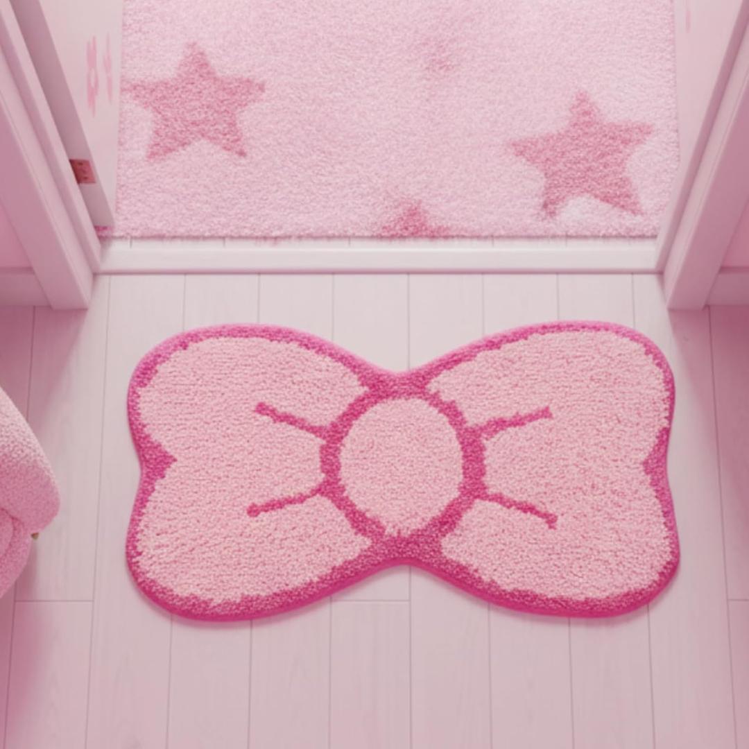 Pink Bow Bathroom Rug Cute Bow Decorative Doormat Kawaii Shaped Mat Gifts Cute Cartoon Kitten Floor Mat Holiday Doormats Non Slip Washable Bath Rug for Bathroom (Medium, Pink Bow)