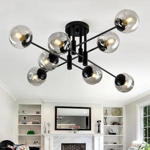 8 Light Sputnik Chandelier with Glass Globe Mid Century Modern Black Ceiling Light Fixture Large Flush Mount Chandelier for Dining Room Bedroom Living Room Kitchen.