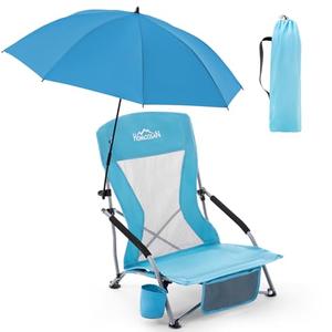 Homcosan Portable Low Folding Beach Chair with Detachable Umbrella - Lightweight Camping Chair for Adults with Cup Holder & Storage Pocket, Carry Bag Included (Blue)