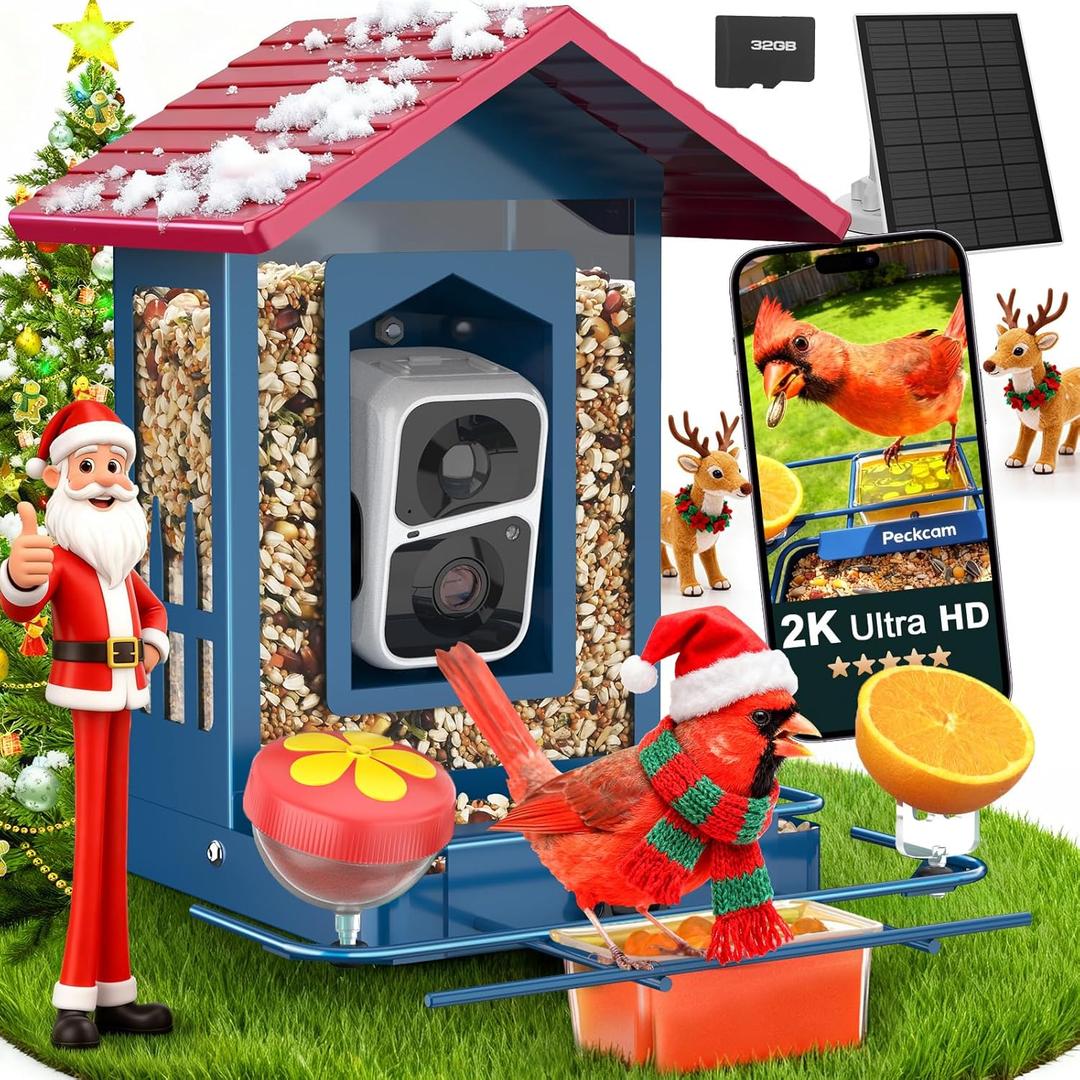 PeckCam Bird Feeder with Camera, AI Identify 10000+ Birds, 2K HD Video Bird Camera Live with Solar Panel, 32GB Card & DIY Add-ons, Smart Birdhouse Camera for Outdoor, Gift for Birds Lover, Metal