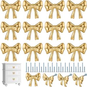 Hotop 15 Pack Gold Bow Dresser Knobs Cabinet Drawer Knobs with 2 Kinds Screws for Hardware Dresser Kitchen Drawer Aluminum Alloy Oxidation Wire Drawing Handle, 1.57" x 1.18"