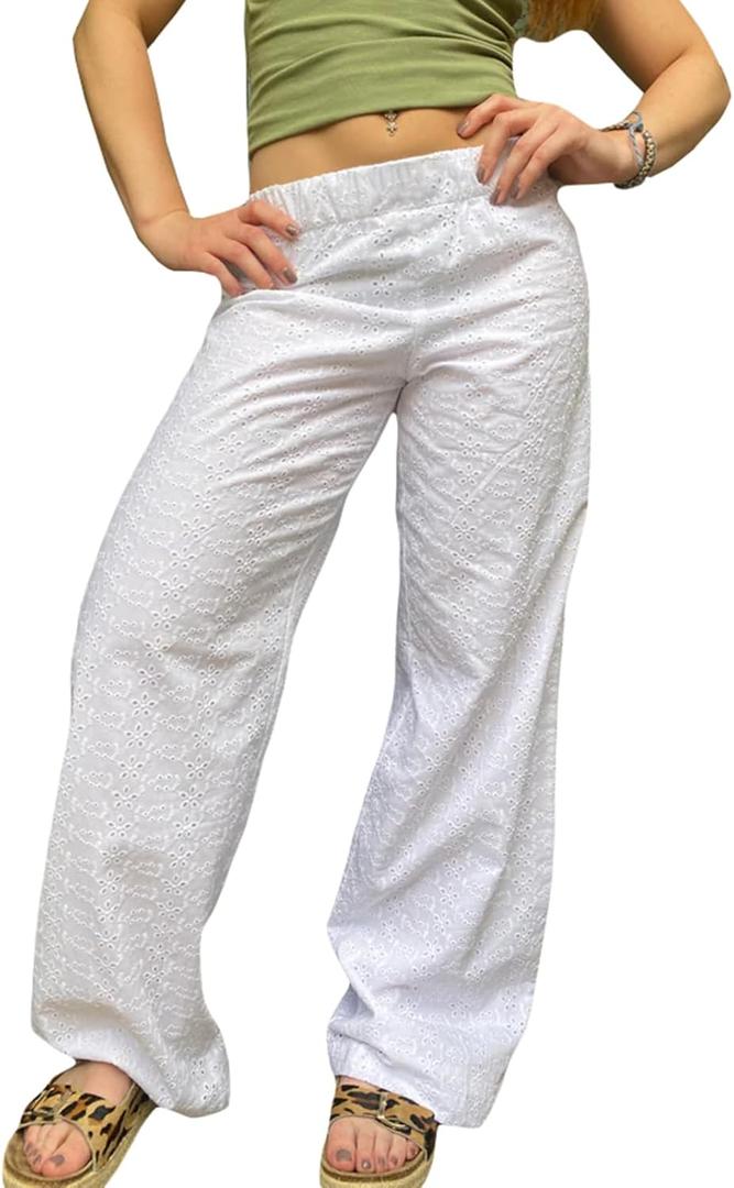 Raruxxin Y2K Eyelet Pants for Women Cute Flower Embroidered Pants Casual Loose Wide Leg High Waist Palazzo Lounge Trousers (Small)