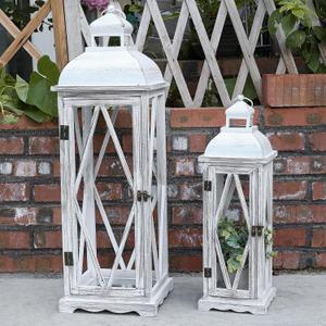 Farmhouse Wooden Lantern Set, 2-Piece Rustic Candle Lanterns, Vintage Large 9 x 9 x 29 & Small 6.3 x 6.3 x 20.4 Lanterns for Indoor & Outdoor Decor, Decorative Lanterns Without Glass Panels