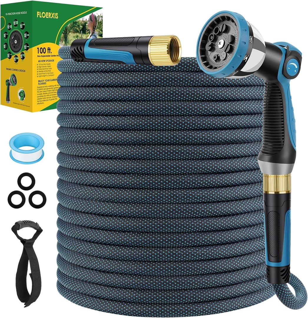 Non-Expandable Garden Hose 100 FT, Lightweight Hose with 10 Function Spray Nozzle, Kink-Free Flexible Water Hose, Durable, Leak-Proof, 360° Swivel Connectors, Portable Storage Strap