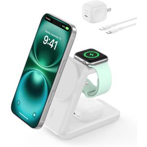 Belkin MagSafe Charger Compatible, 3-in-1 Charging Station, Qi2.2 25W Magnetic Wireless Charger Dock, Foldable Charging Stand for iPhone 17/16/15, Apple Watch, AirPods, Pixel 10 (45W Adapter Included) (White)