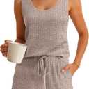 Imily Bela Womens Pajama Sets 2 Piece Sleeveless Summer Pjs Ribbed Knit Tank Top and Shorts Cute Lounge Sleepwear (Medium, Camel)